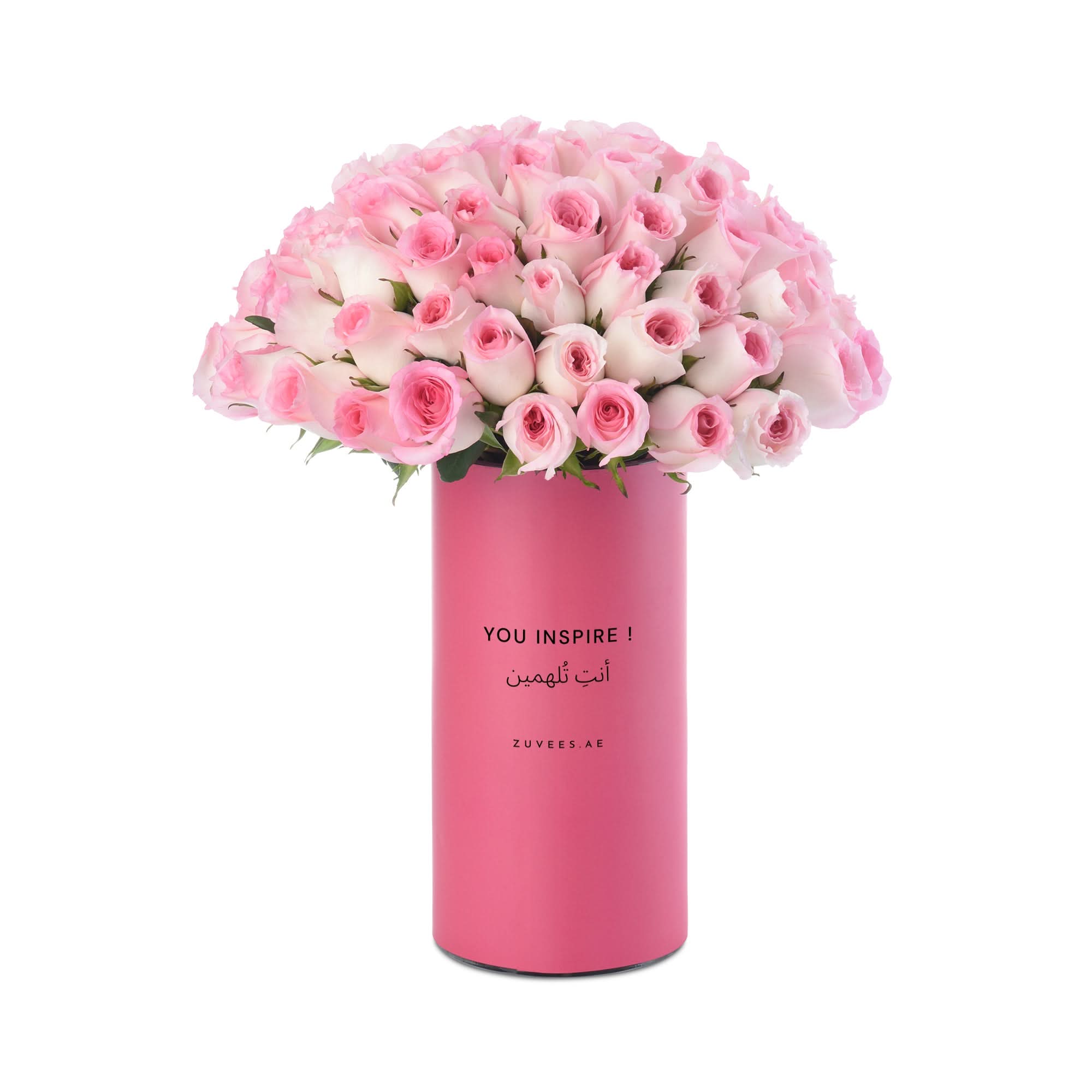 100 Pink Rose Majesty "You Inspire" Vase - Zuvees.ae