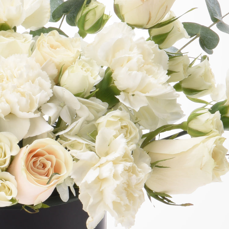 Cream roses, carnations, and eucalyptus in soft white and blush, elegant floral arrangement.