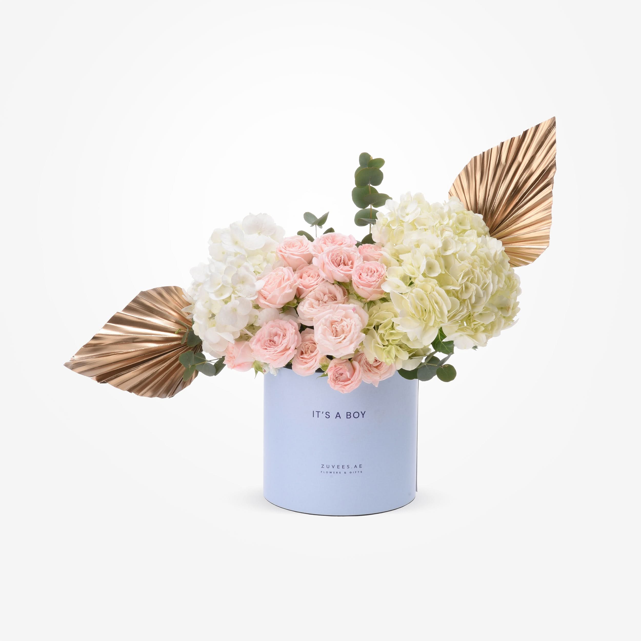 Pastel pink roses, white hydrangeas, gold leaves in light blue "It&