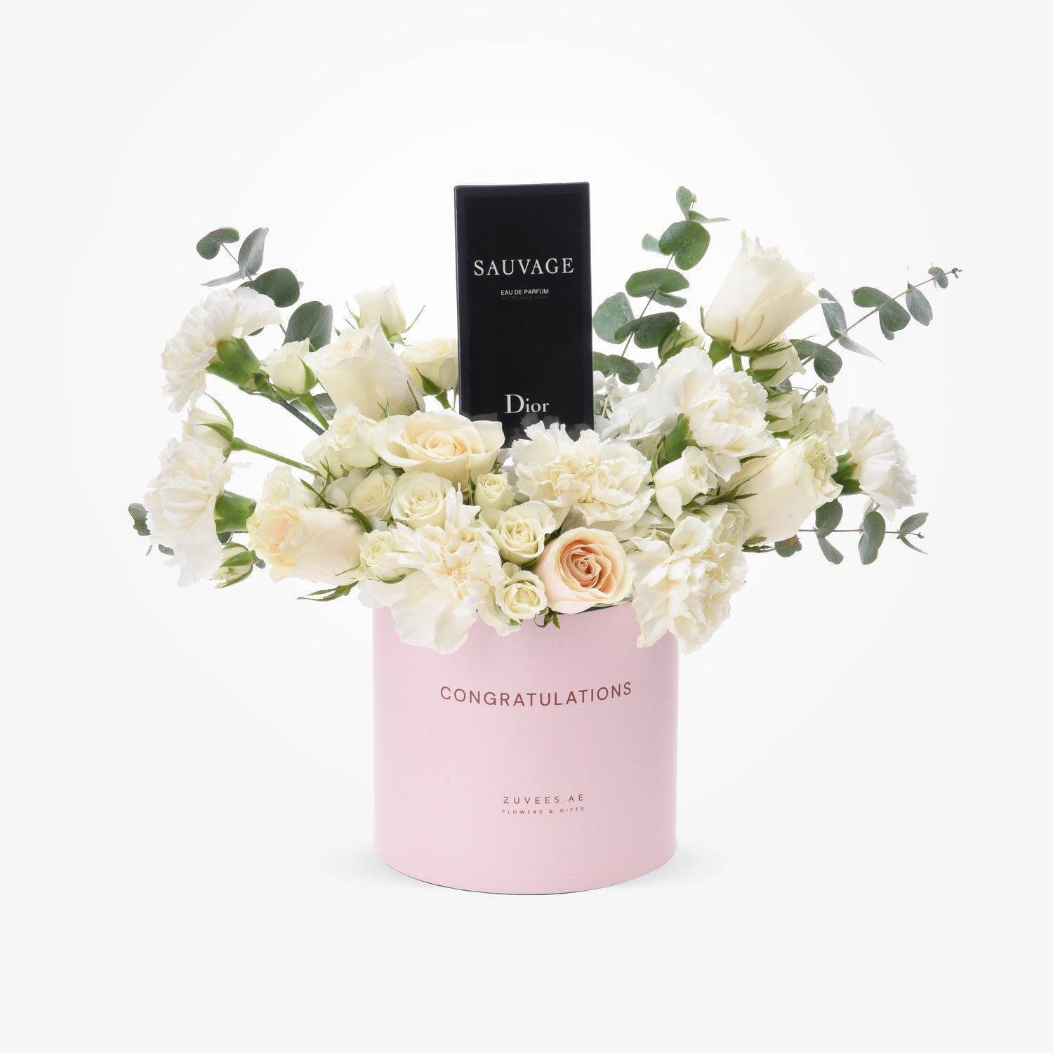 Elegant white roses and eucalyptus in pink "Congratulations" box with Dior Sauvage perfume.