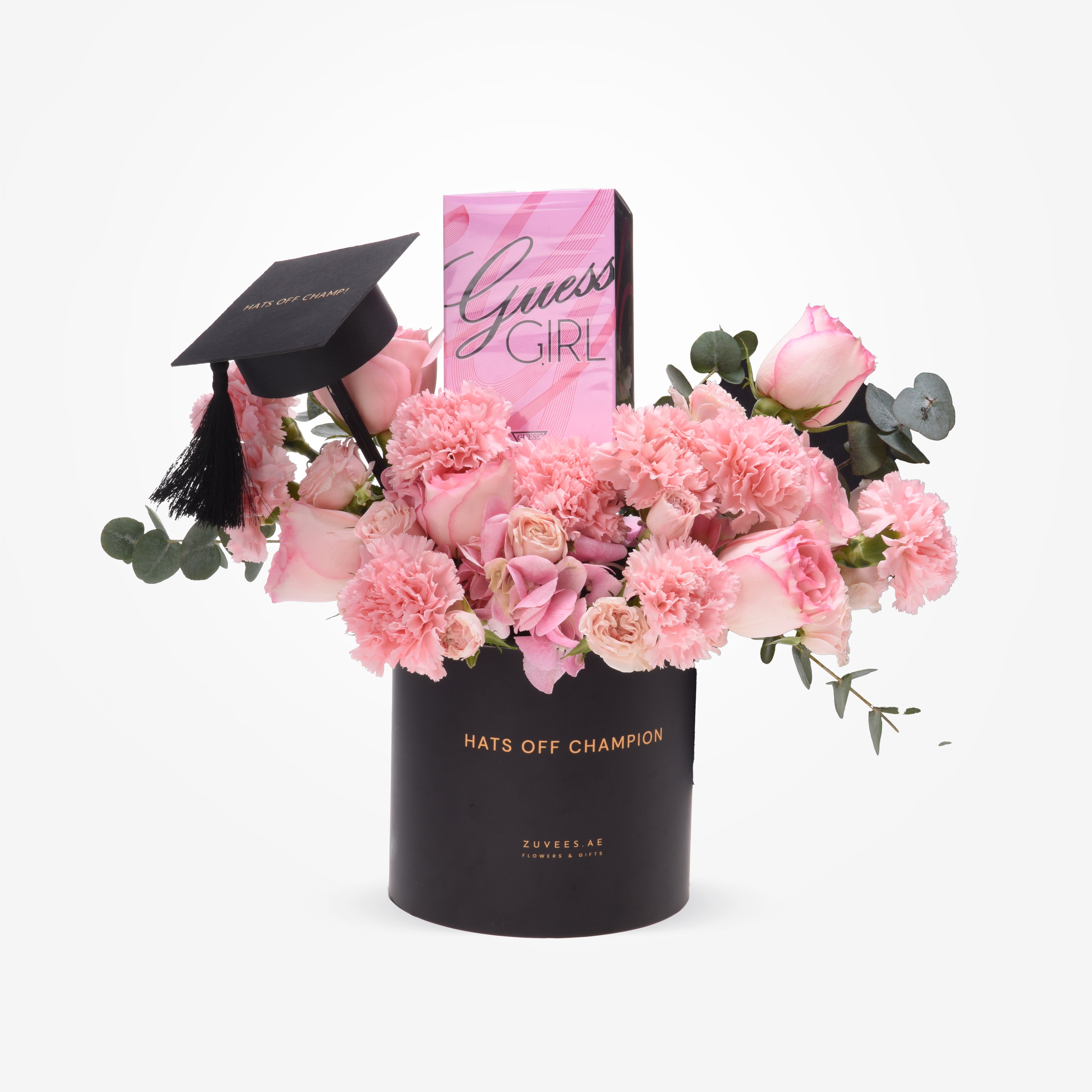 Pink roses and carnations in black graduation-themed vase with “Hats Off Champion” text.