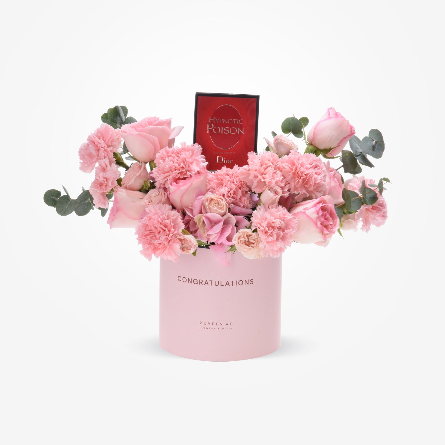 Pink floral arrangement with Dior perfume, in "Congratulations" box.