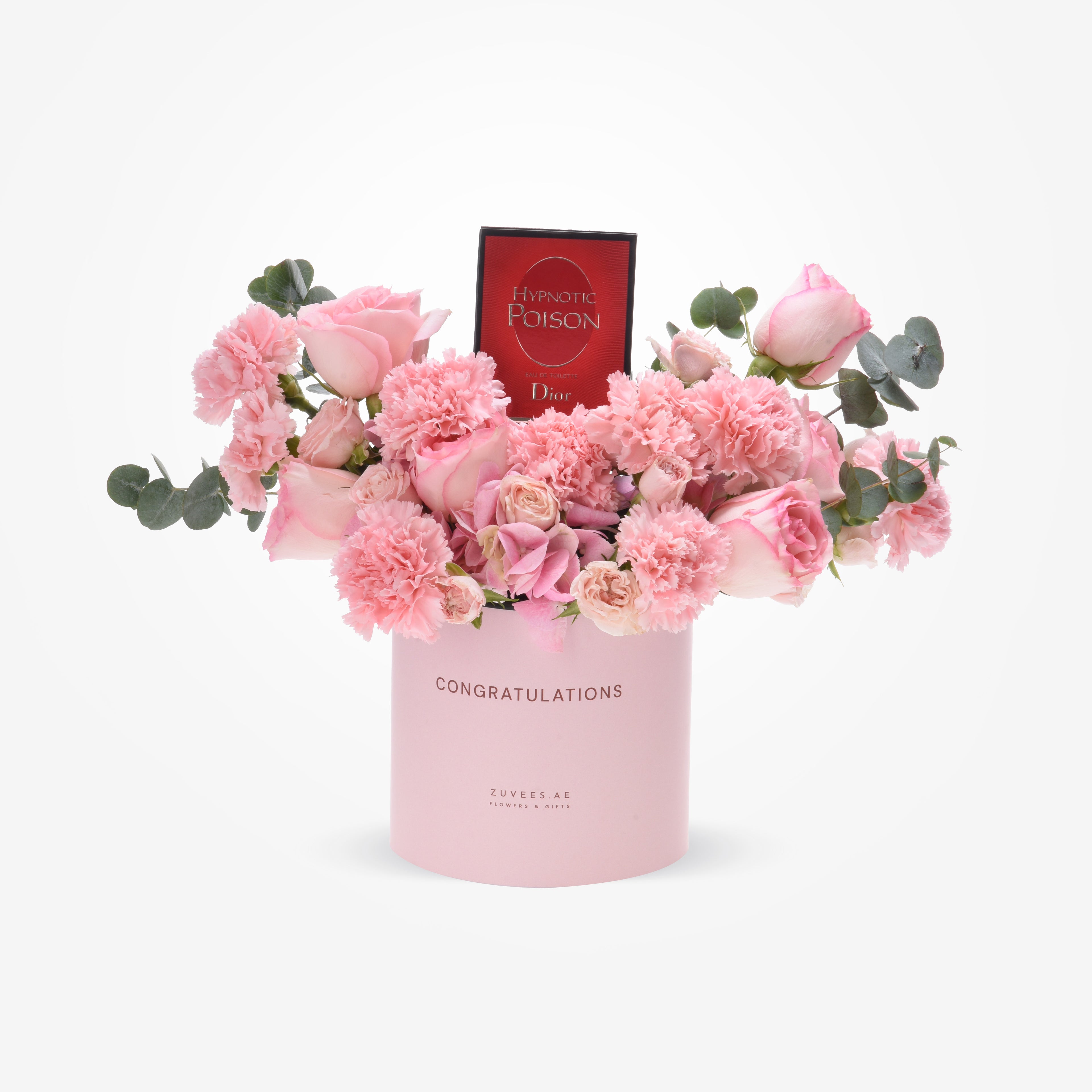 Pink floral arrangement with Dior perfume, in "Congratulations" box.