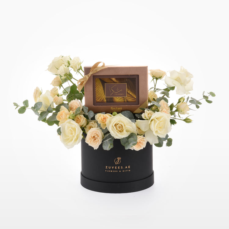 Peach Glow Thank You Bloom Box with Bostani Chocolates