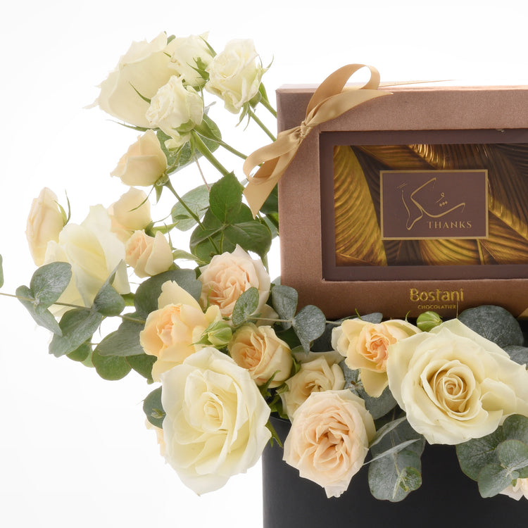 Peach Glow Thank You Bloom Box with Bostani Chocolates