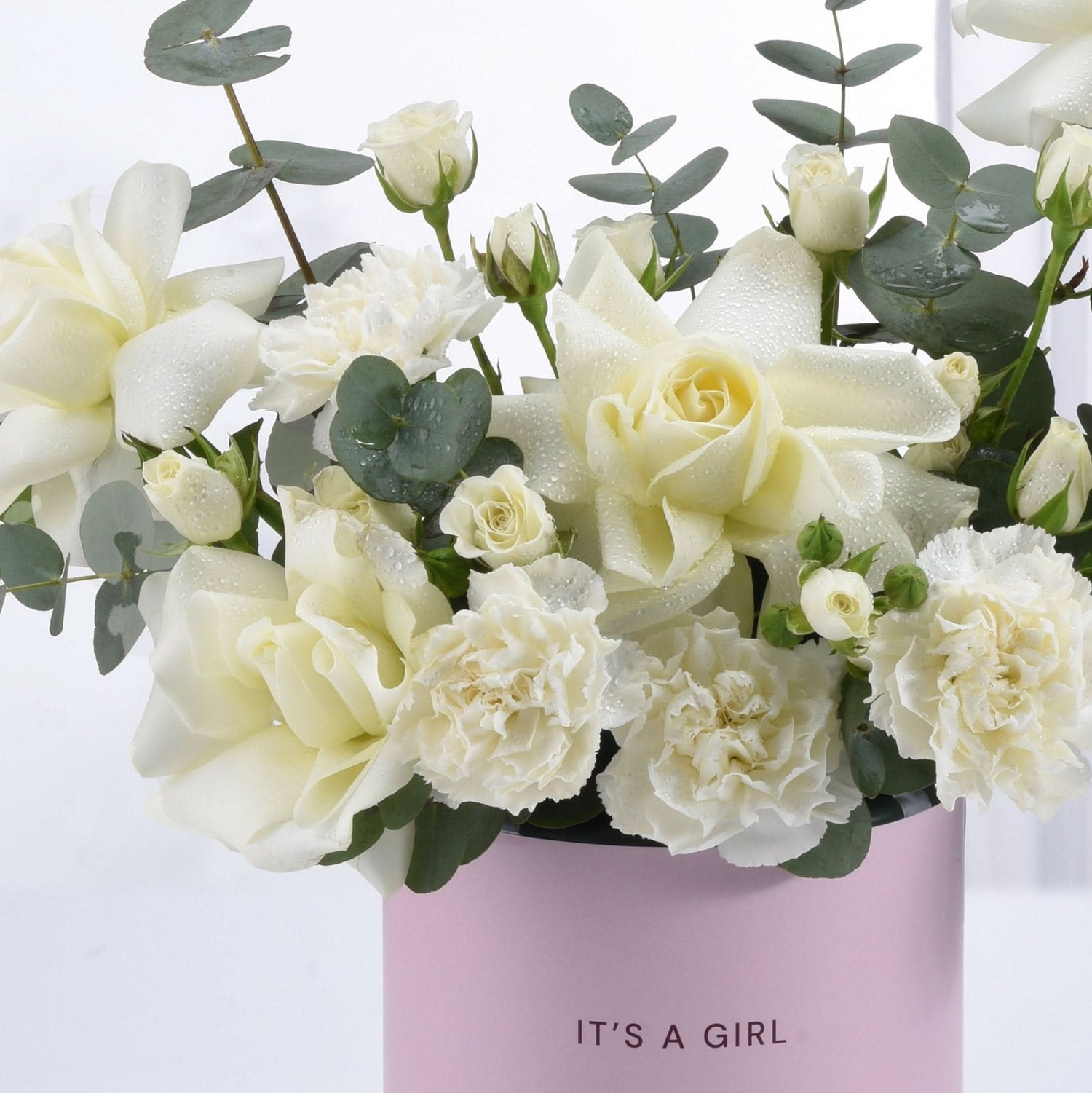 White roses and carnations with dewdrops in pink "It&