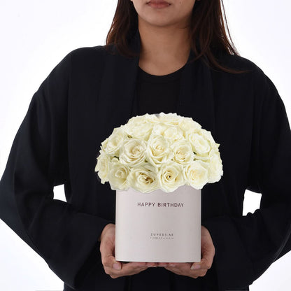 Elegant white roses in minimalist box, "Happy Birthday" gift.