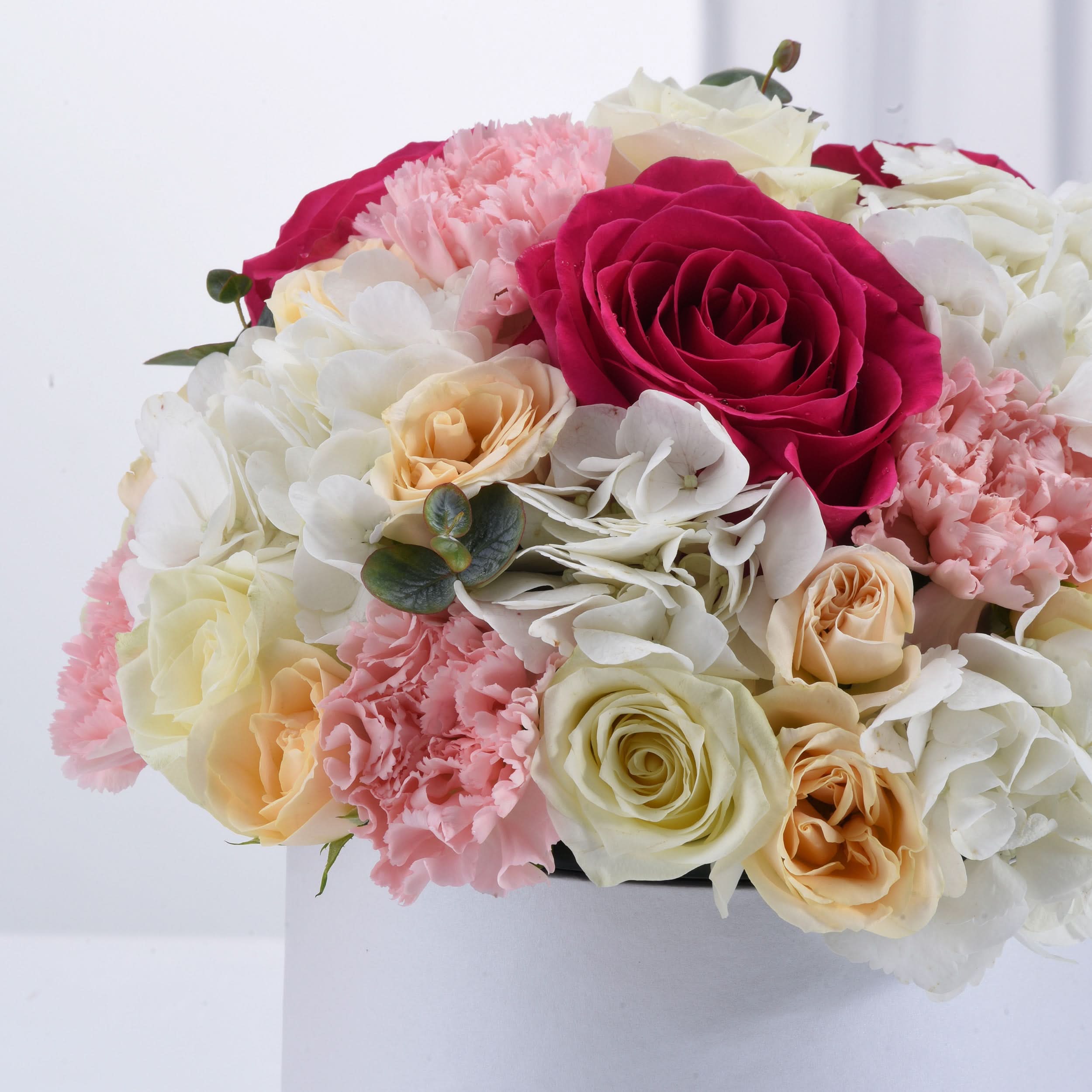 Vibrant floral arrangement in white box, featuring bold magenta rose, soft pink carnations, creamy hydrangeas, and delicate peach roses.