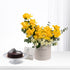 Vibrant yellow roses and white blooms in beige "Happy Birthday" vase beside chocolate cake.