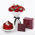Vibrant red roses with eucalyptus, red velvet cake, and elegant burgundy gift boxes for romantic gifting.