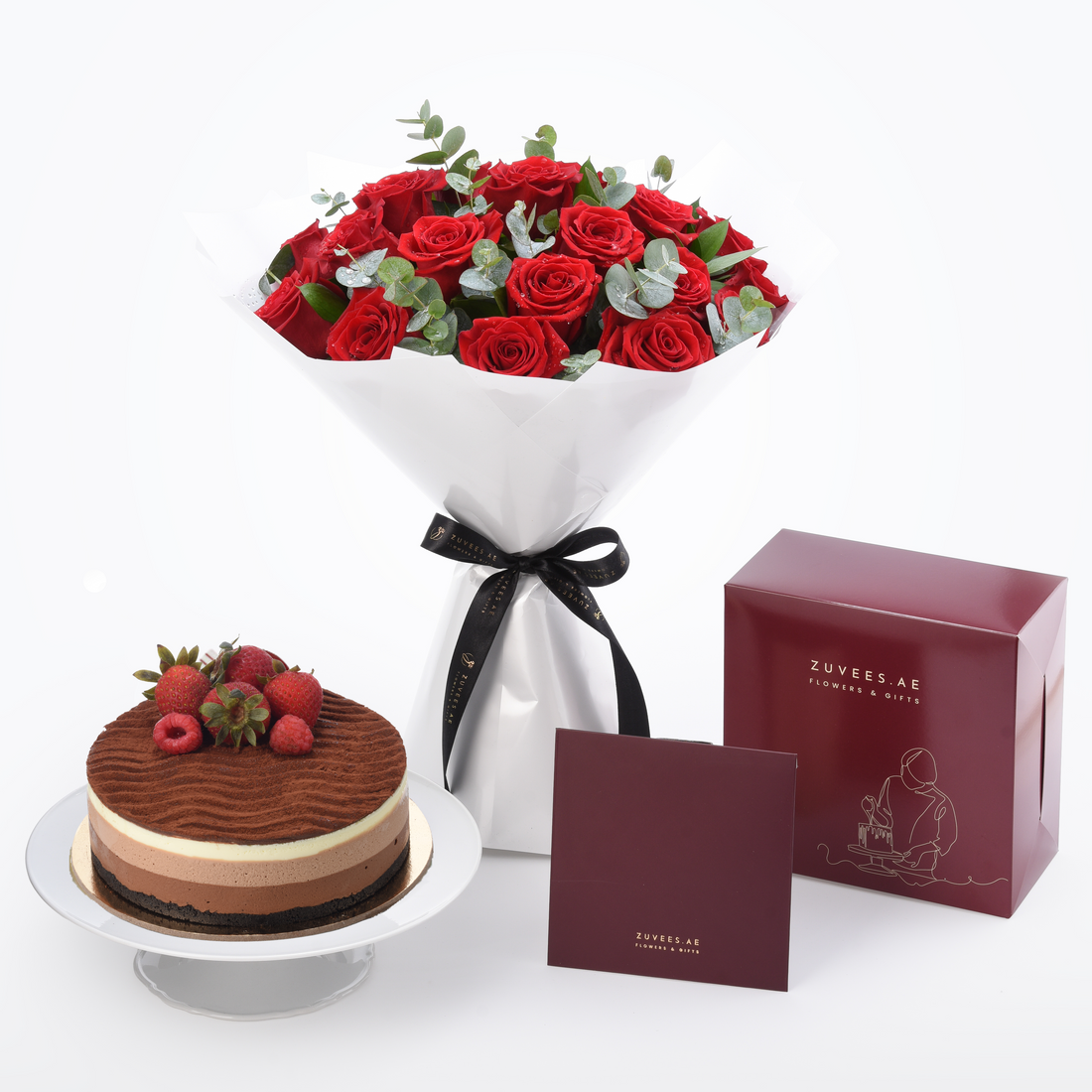 24 Red Roses Scarlet Bouquet with Cake