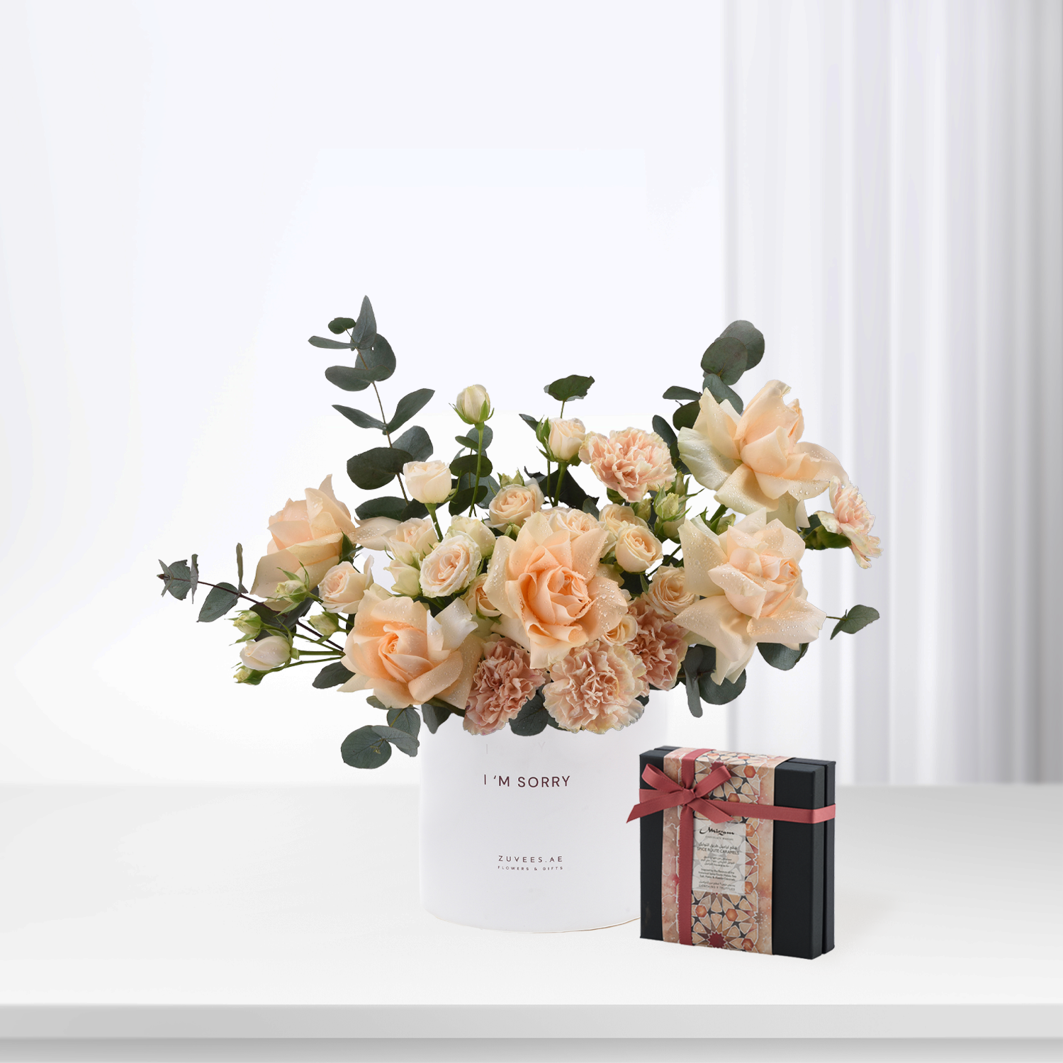 Soft peach roses, eucalyptus in white "I&