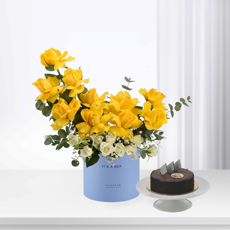 Vibrant yellow roses and white blooms in blue "It&