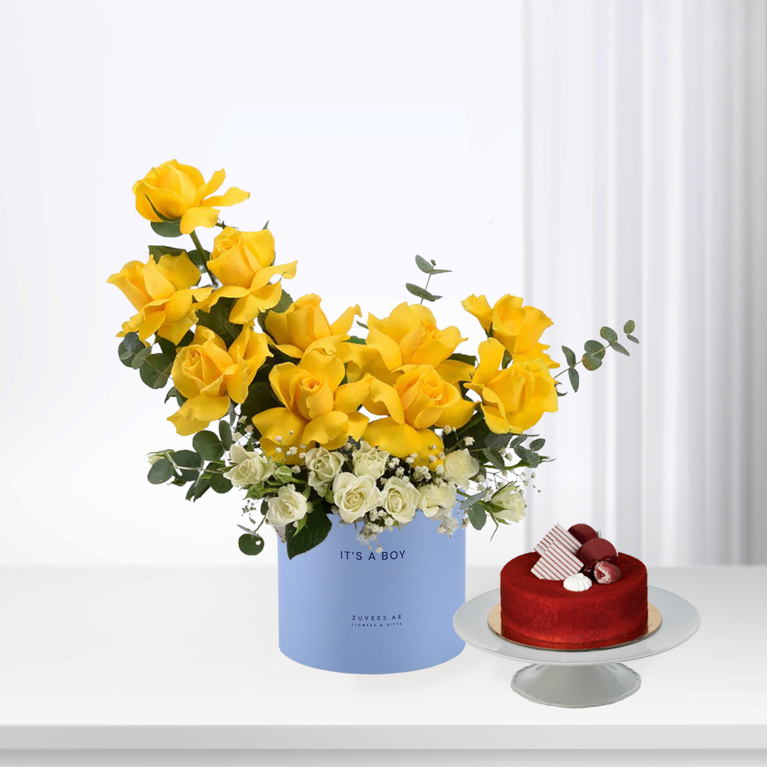 Vibrant yellow roses and white blooms in blue "It&