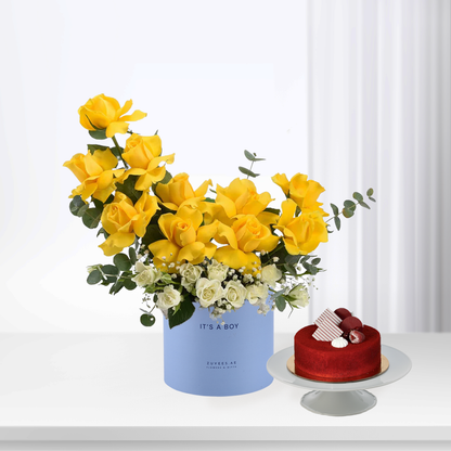 Vibrant yellow roses and white blooms in blue "It&