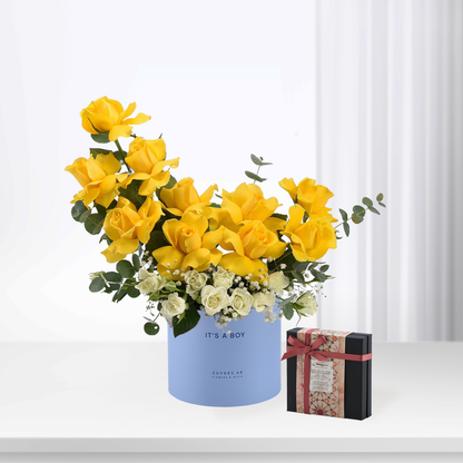 Vibrant yellow roses in light blue "It&