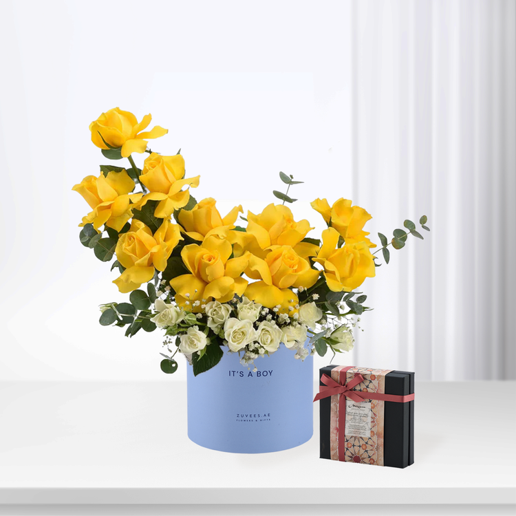 Vibrant yellow roses in light blue "It&