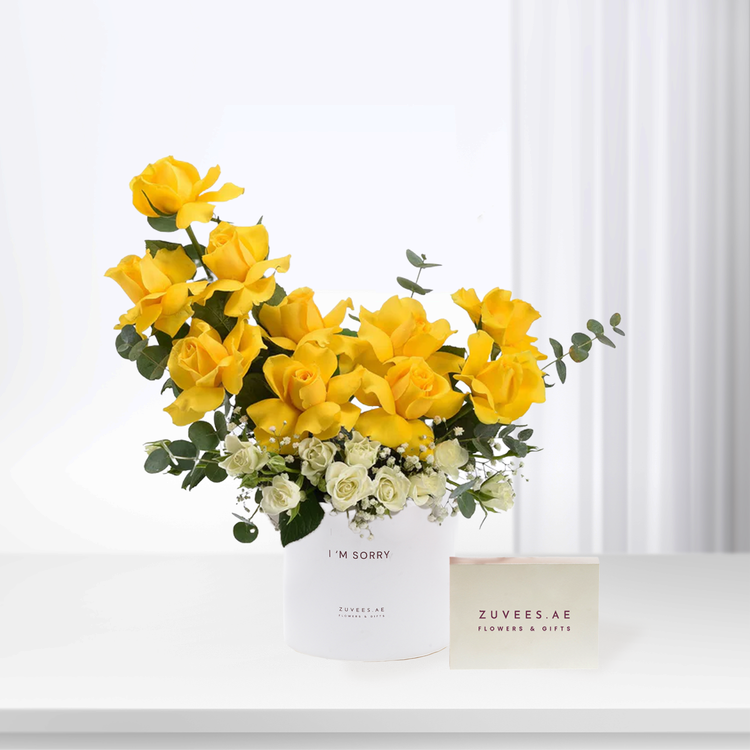 Vibrant yellow roses with white accents in minimalist white vase, "I&