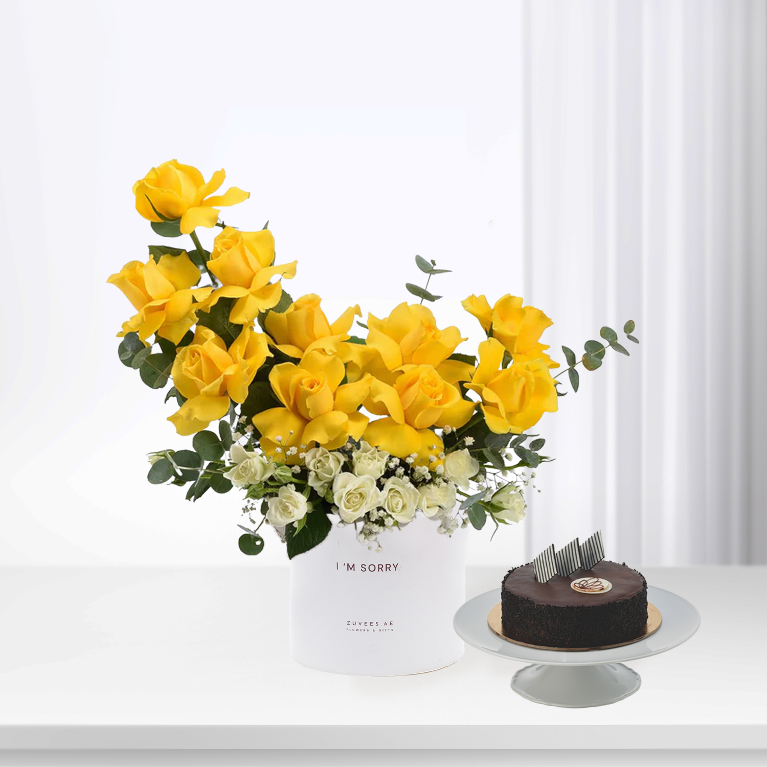 Vibrant yellow roses with white accents in "I&