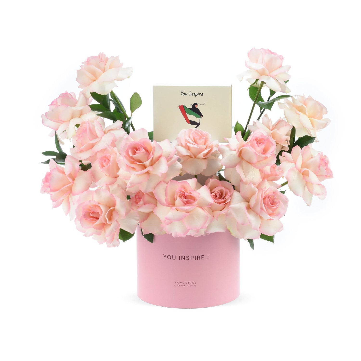 Soft pink roses in pastel pink cylinder, “You Inspire” card included.