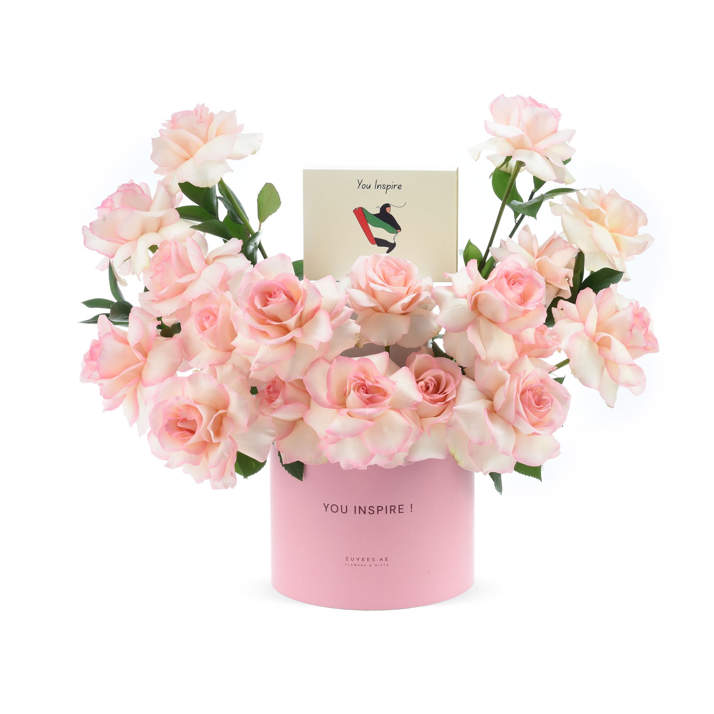 Soft pink roses in pastel pink cylinder, “You Inspire” card included.