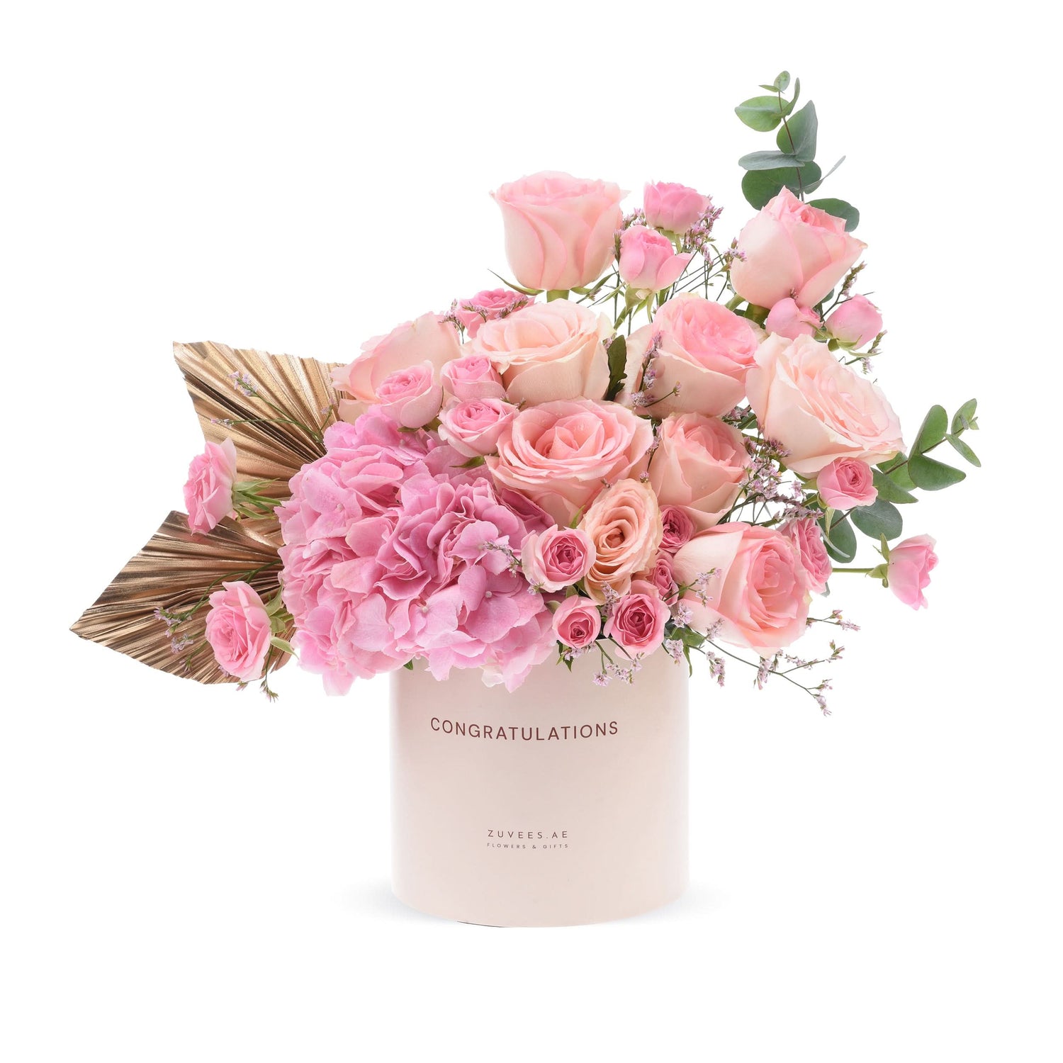 Soft pink roses and hydrangeas in blush box with "Congratulations" text.