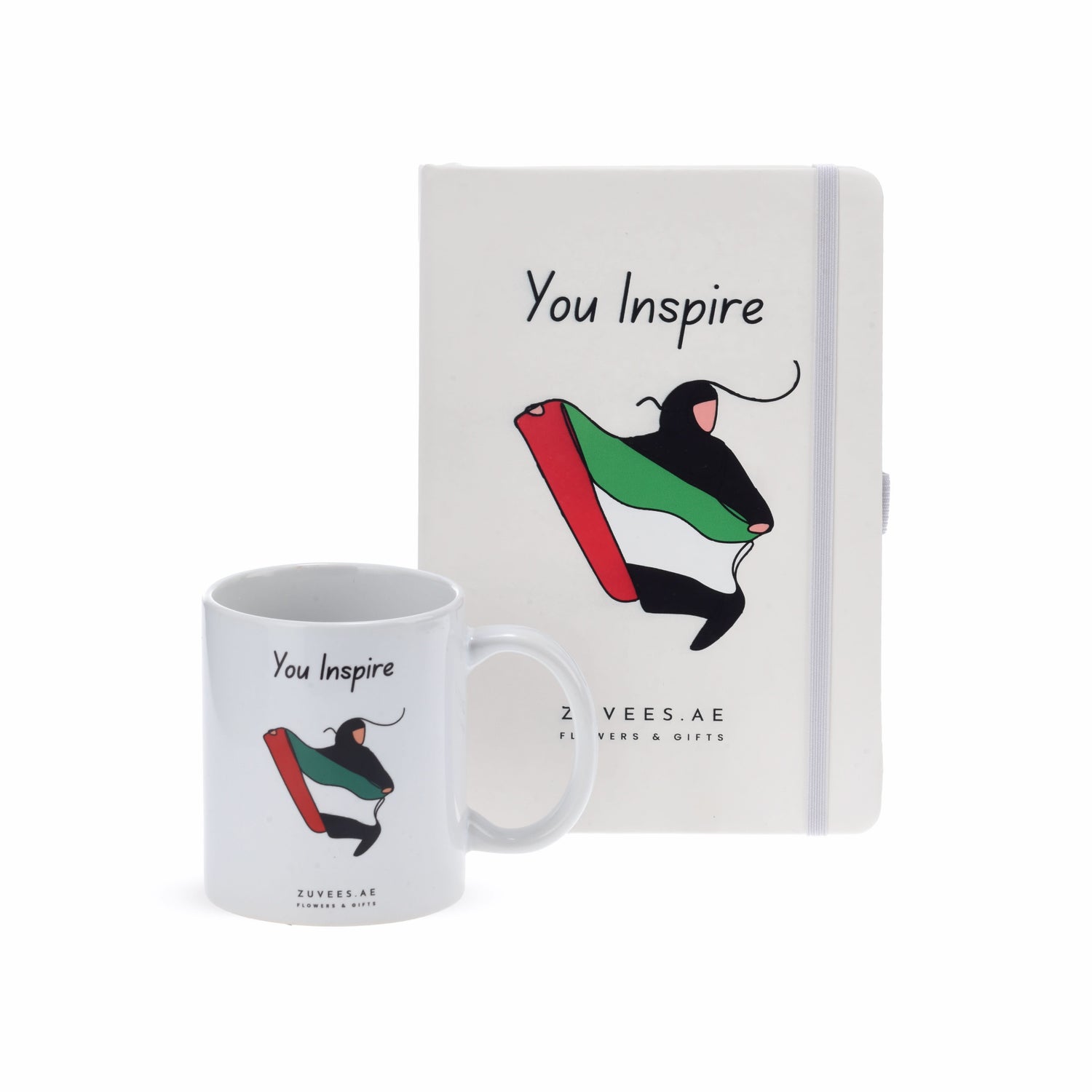 White mug and notebook set with "You Inspire" slogan and Palestinian flag design.