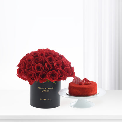 50 Roses in Red Aura Black Love Vase Cake Combo - Zuvees.ae