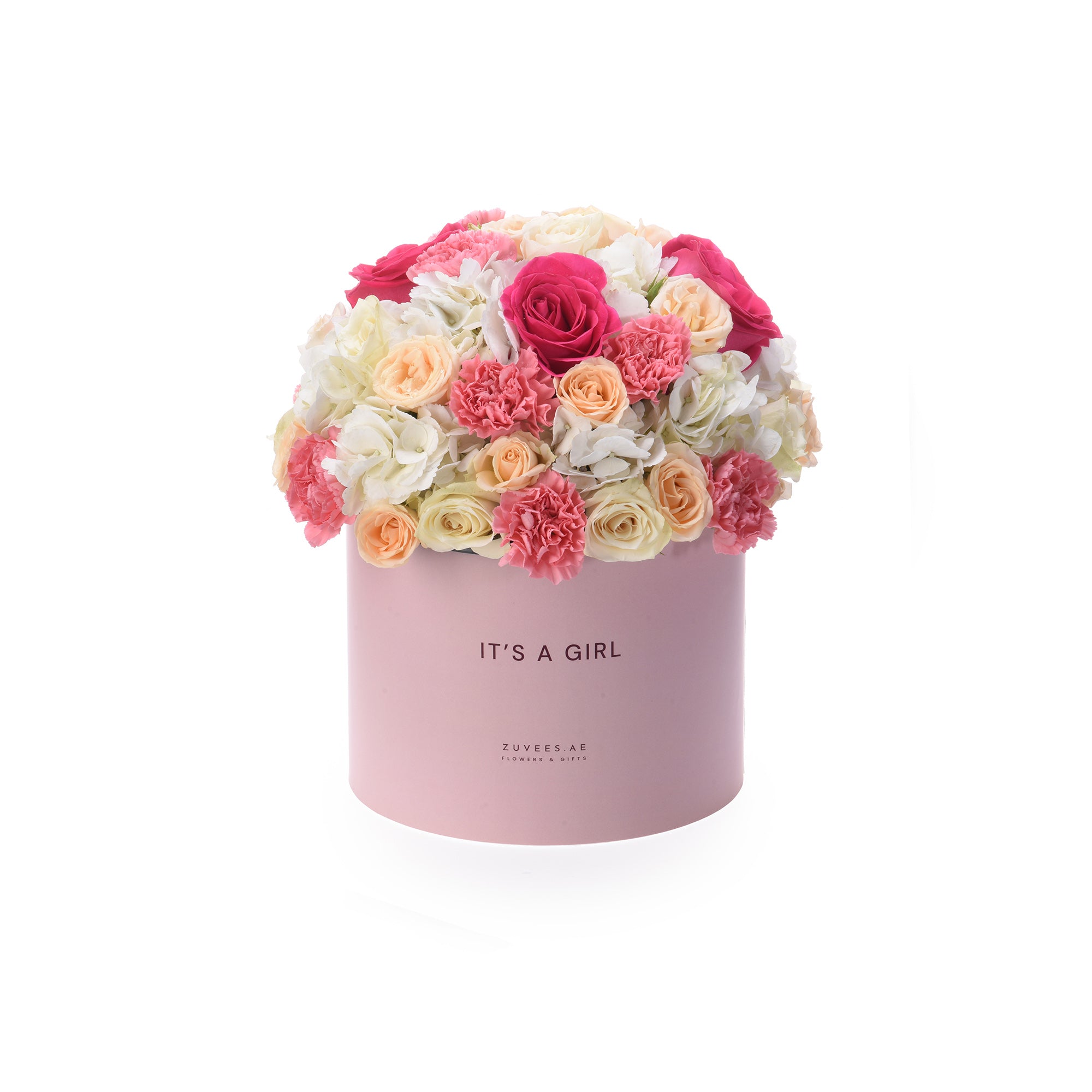 Pink box overflowing with vibrant pink, peach, and white roses and carnations.
