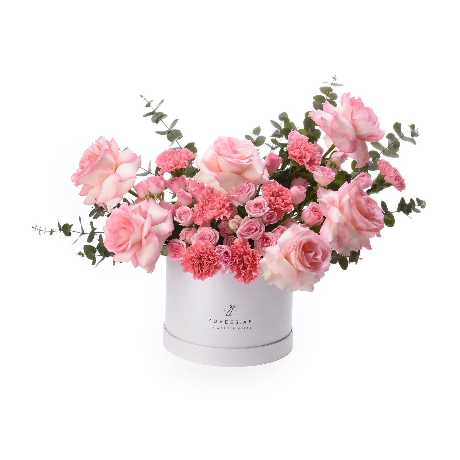 Elegant pink roses and carnations in sleek white box with eucalyptus accents.