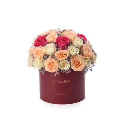 Vibrant multi-toned roses in burgundy box with Arabic script.
