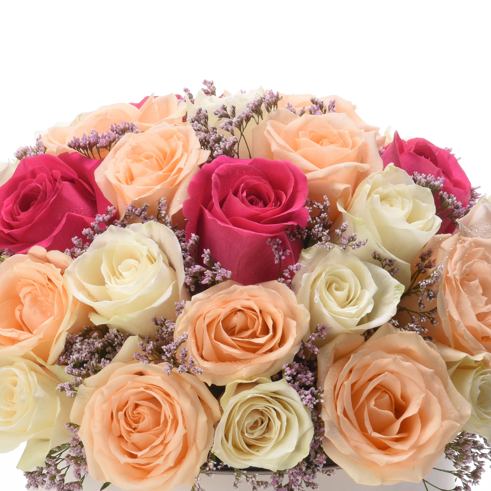 Vibrant multi-colored roses with delicate baby’s breath, dewy petals, and soft pastel hues.