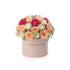 Pastel pink box with "Congratulations" text, holding vibrant peach, pink, and cream roses with lavender accents.
