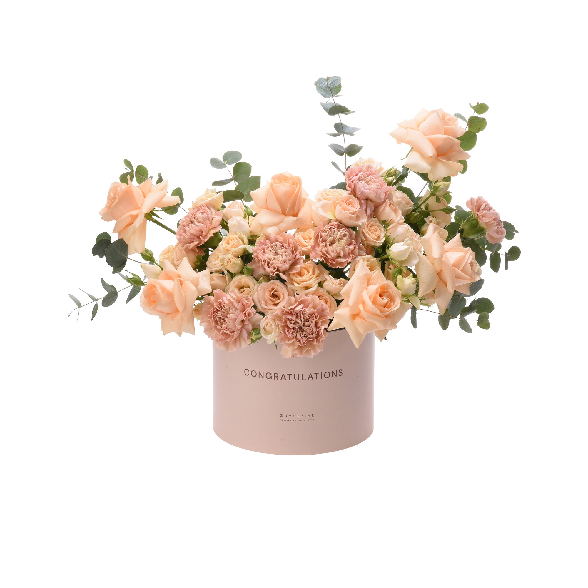 Pastel peach roses and carnations in a "Congratulations" pink box.