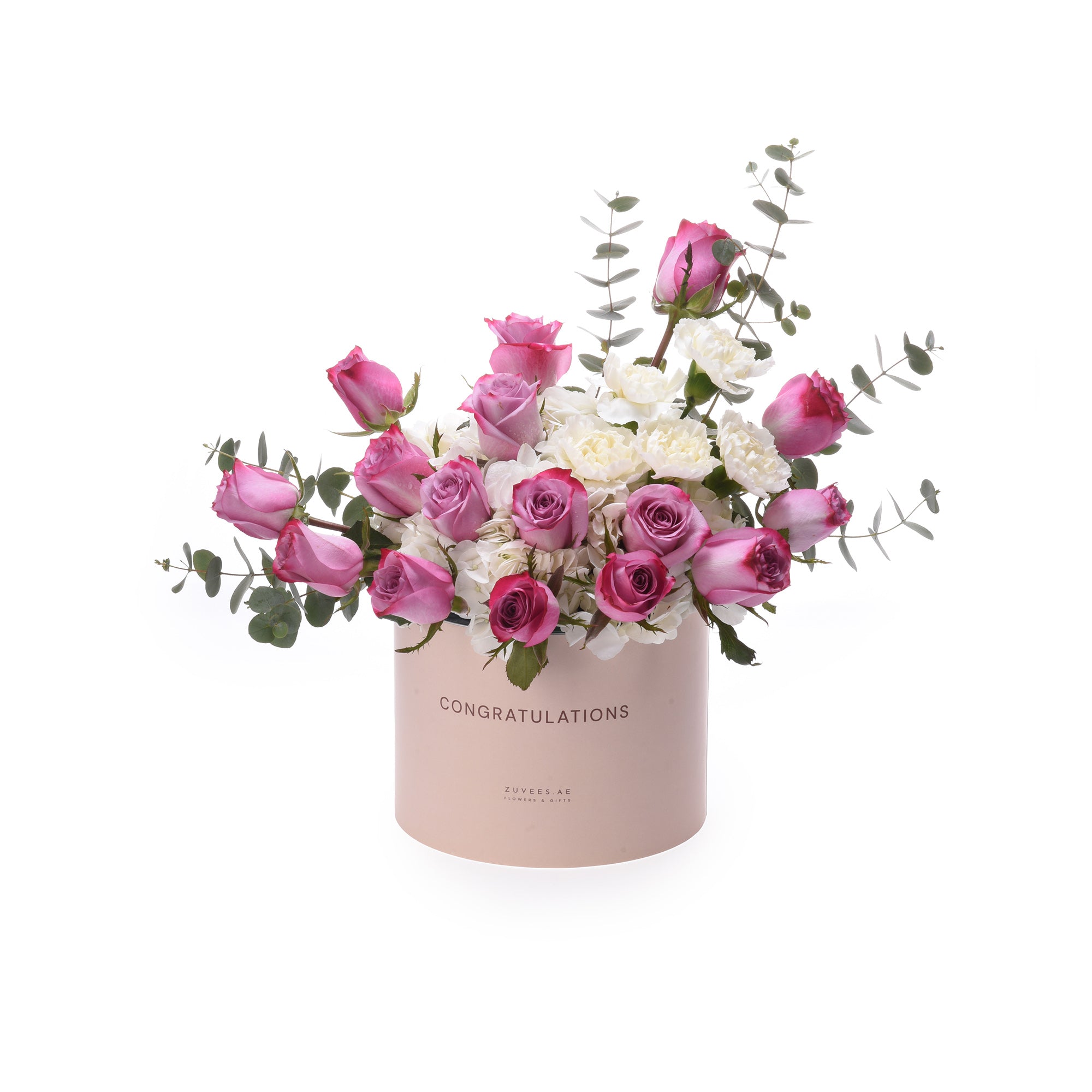 Pink and white roses in blush box with "Congratulations" text.