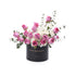 Elegant pink roses and white blooms in sleek black box with gold "Happy Anniversary" text.