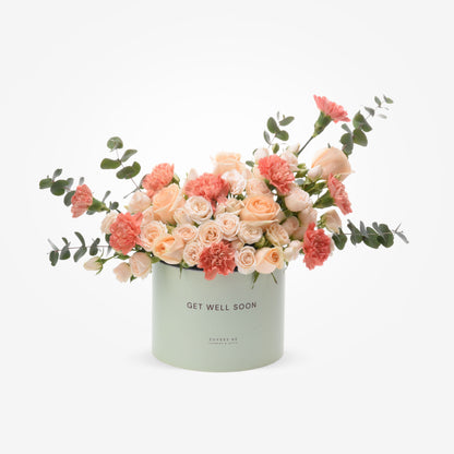 Soft peach roses, coral carnations, and eucalyptus in a mint "Get Well Soon" box.