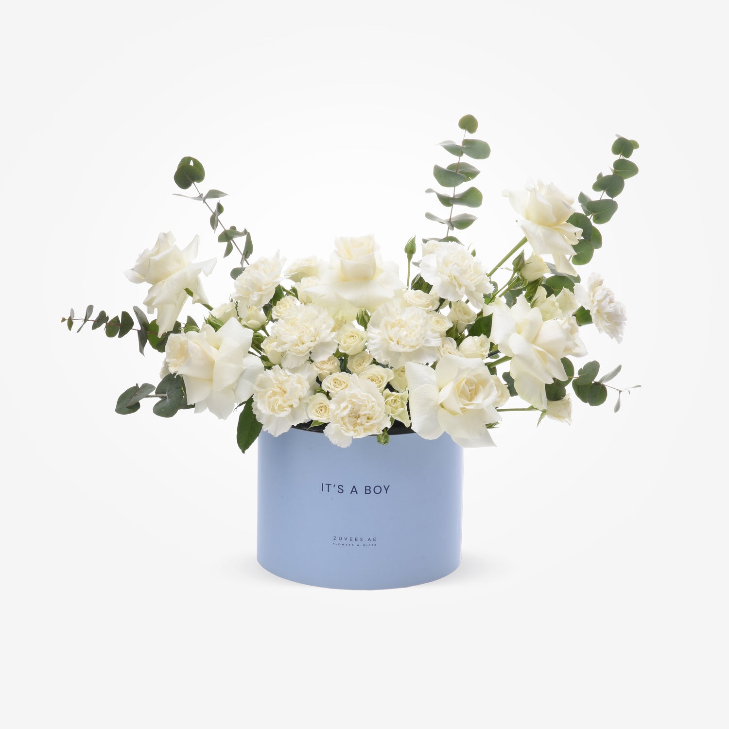 Light blue box holds lush white roses and eucalyptus, celebrating "It&